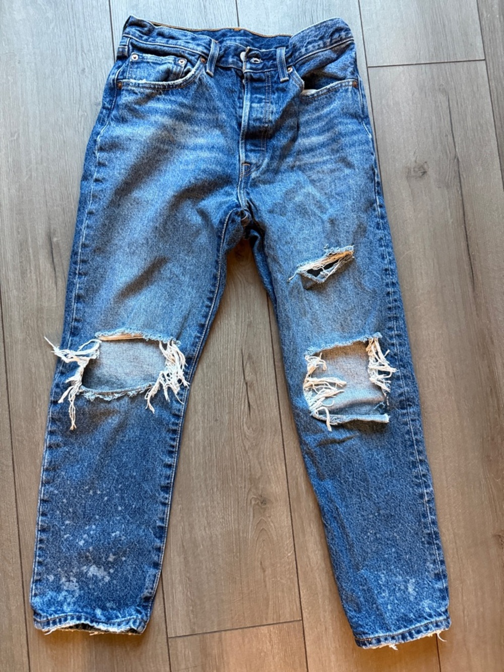 Women’s 501 Distressed and Paint Spatter Blue Denim Jeans - Ripped Straight Fit